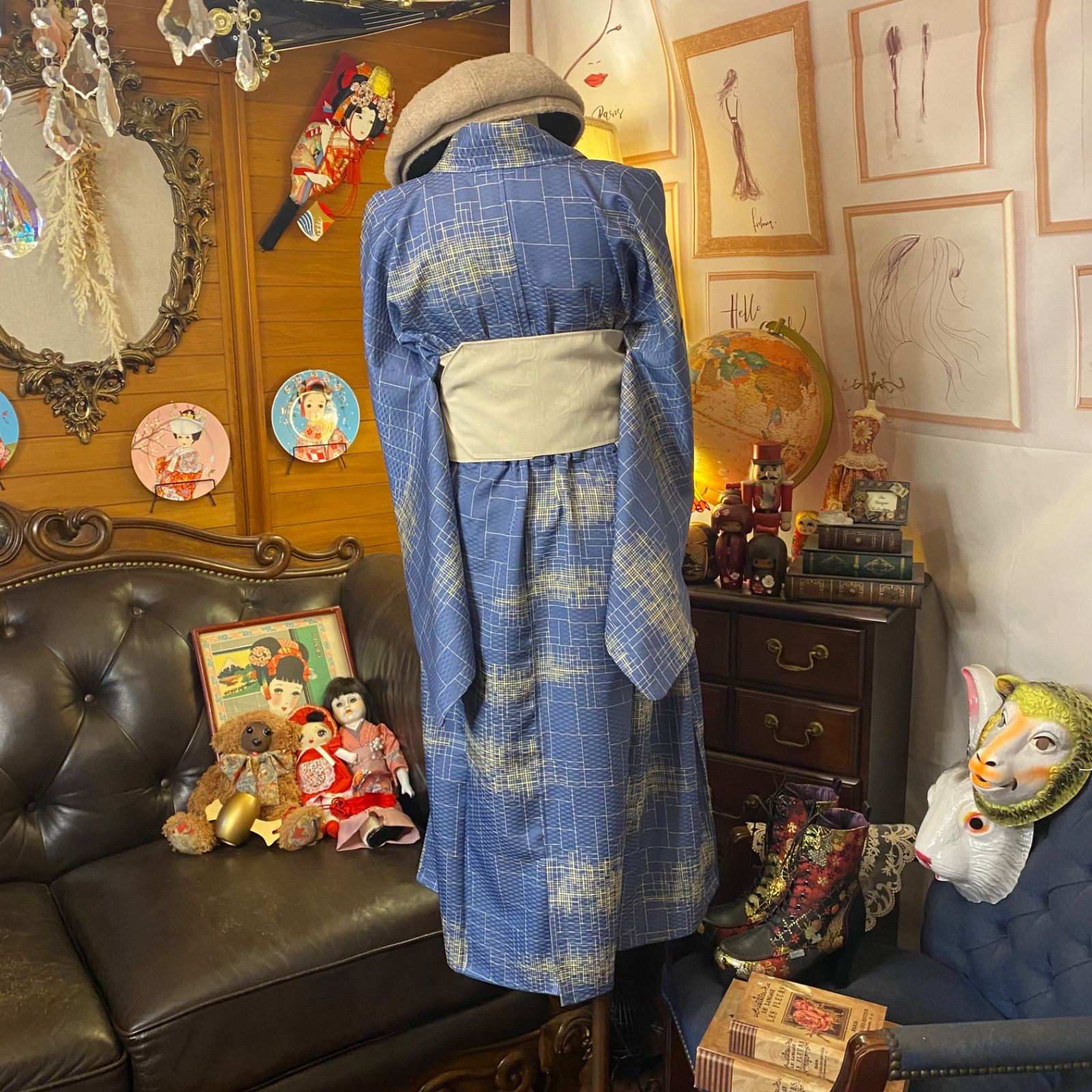 和洋折衷 着物 リメイク ワンピース ドレス 洗える 化繊 帯サッシュベルト レトロ 古着 和 KW-542