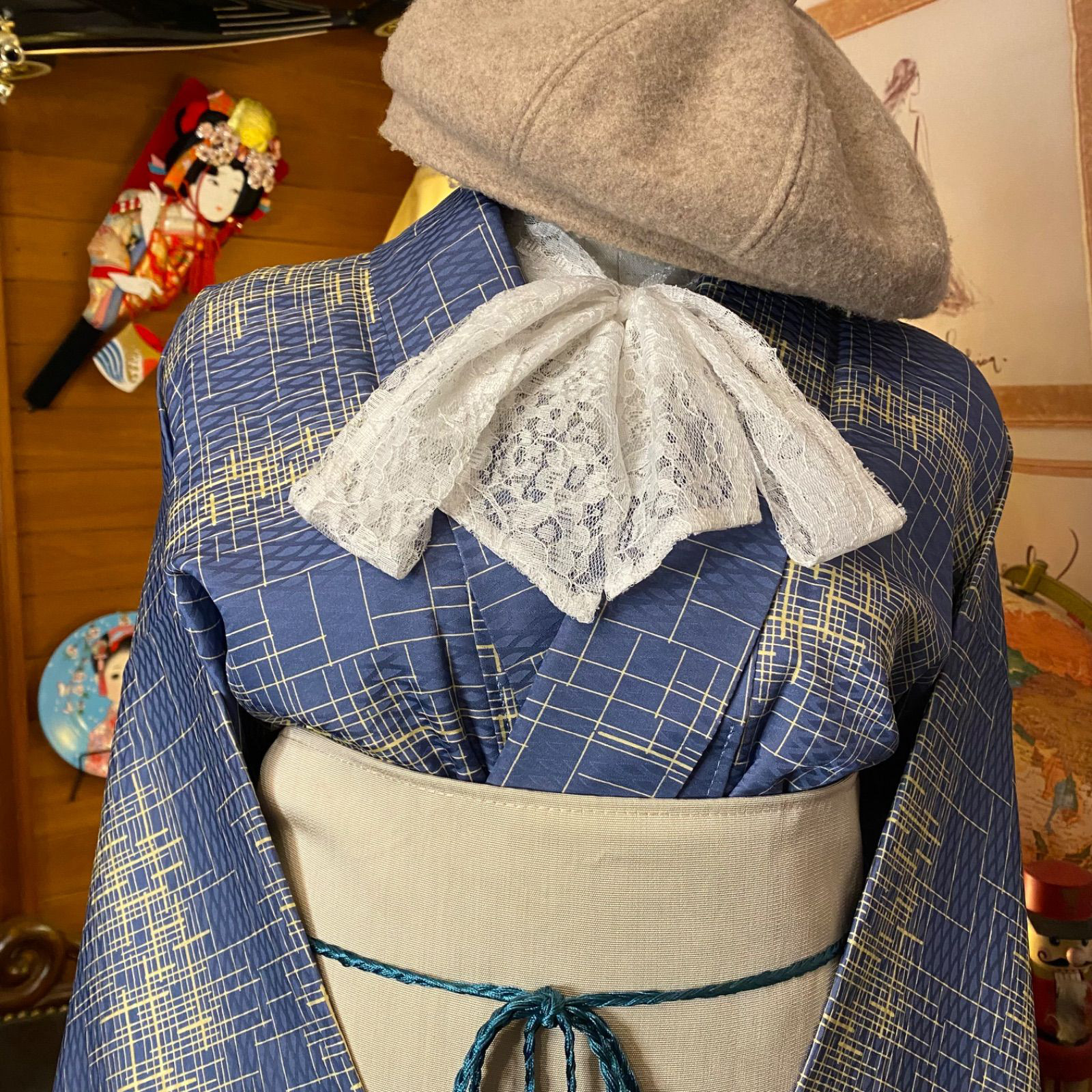 和洋折衷 着物 リメイク ワンピース ドレス 洗える 化繊 帯サッシュベルト レトロ 古着 和 KW-542