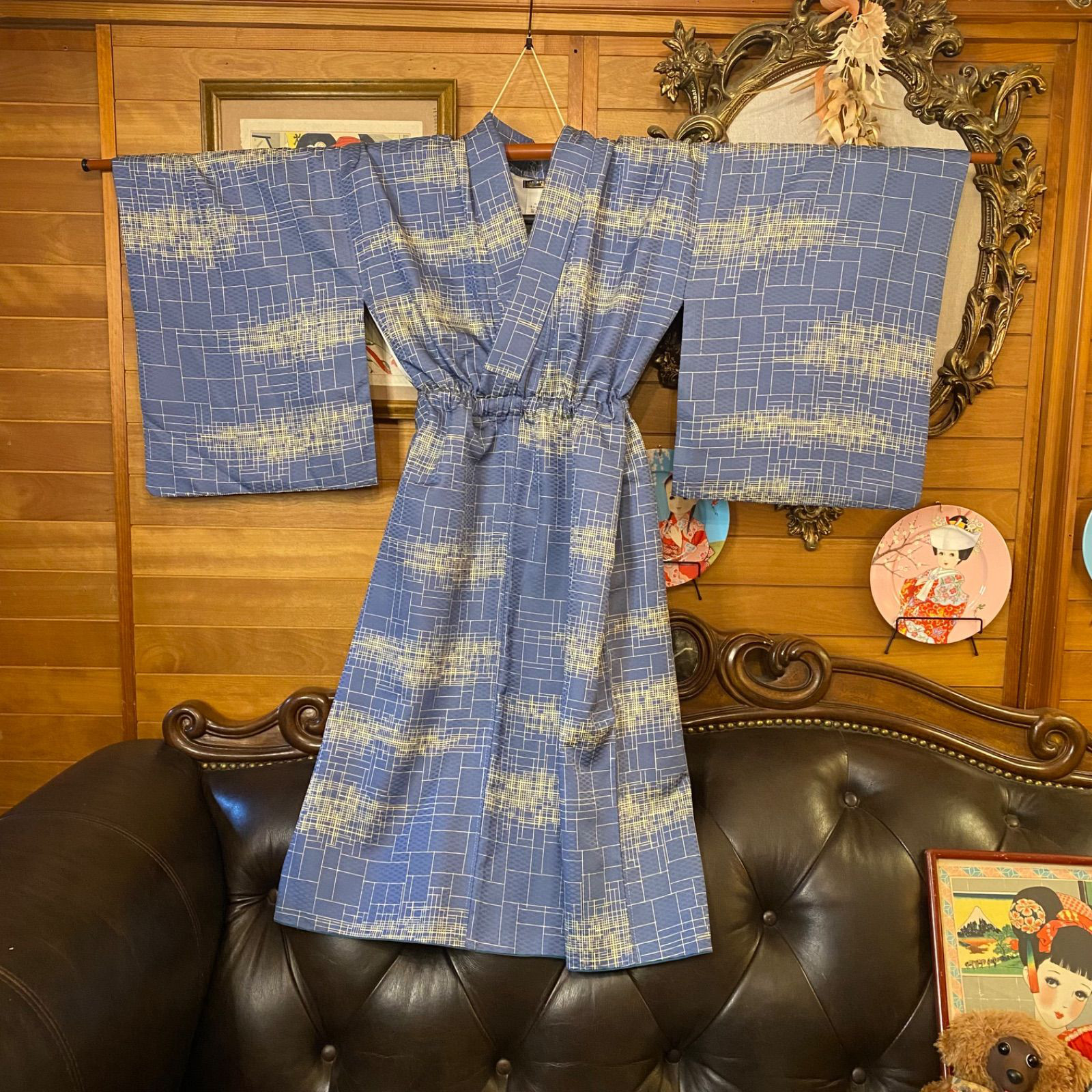 和洋折衷 着物 リメイク ワンピース ドレス 洗える 化繊 帯サッシュベルト レトロ 古着 和 KW-542
