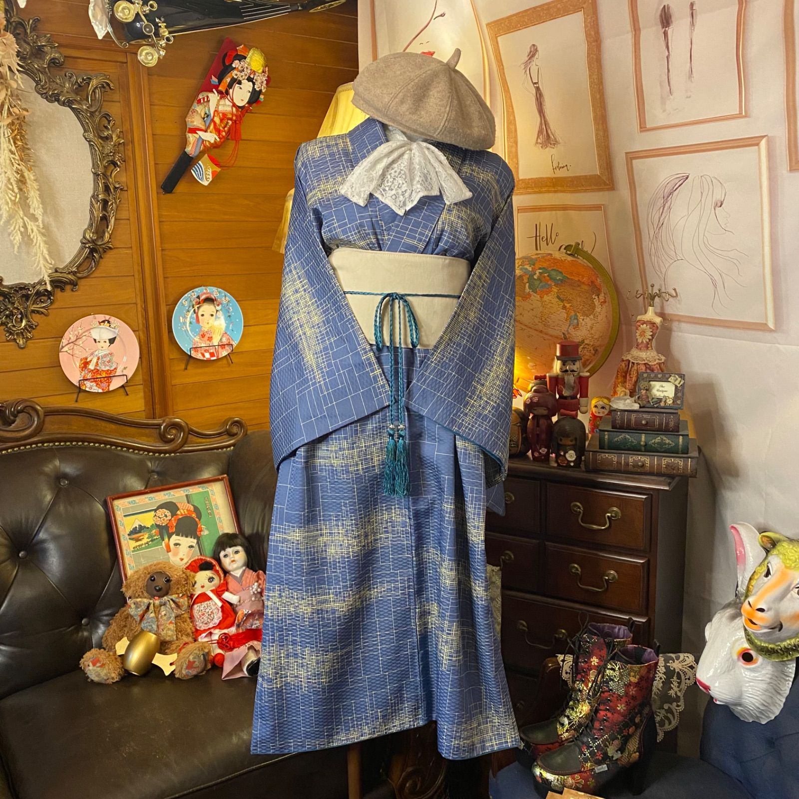 和洋折衷 着物 リメイク ワンピース ドレス 洗える 化繊 帯サッシュベルト レトロ 古着 和 KW-542