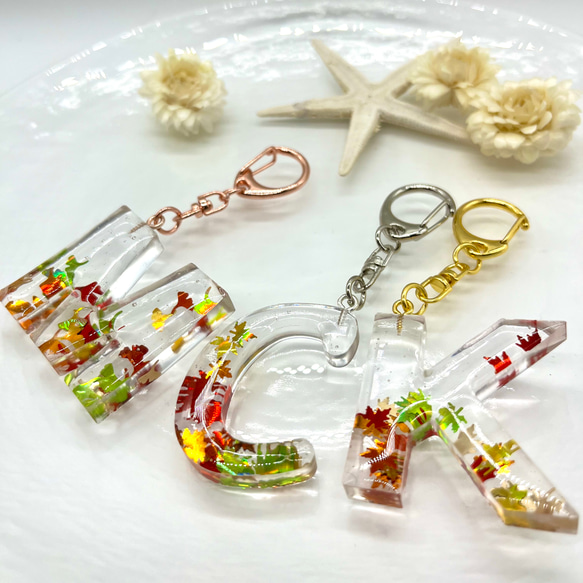 秋チャーム レジン イニシャルキーホルダー もみじ・いちょう