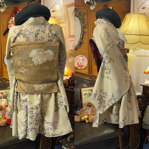 二部式 小紋 着物 化繊 まとめ売り2着 洋服ワンピース リメイク