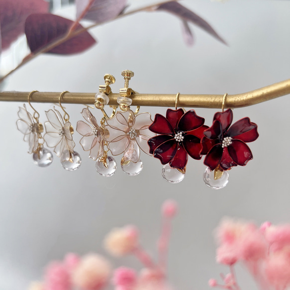 コスモス ピアス/イヤリング レッド ピンク パール ディップアート