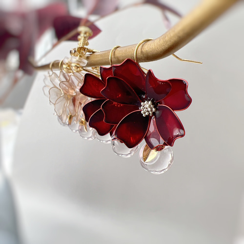 コスモス ピアス/イヤリング レッド ピンク パール ディップアート