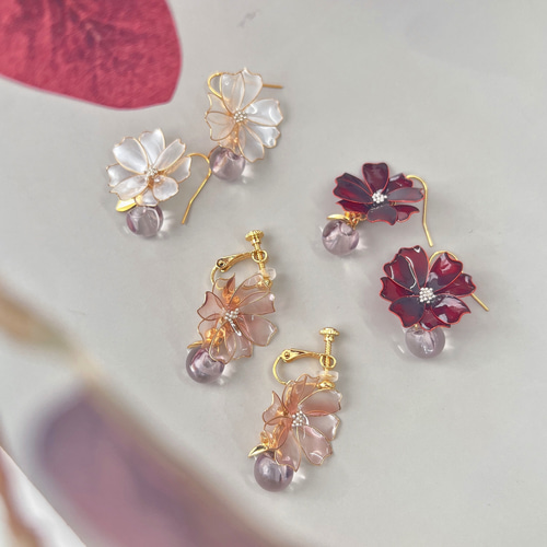 コスモス ピアス/イヤリング レッド ピンク パール ディップアート