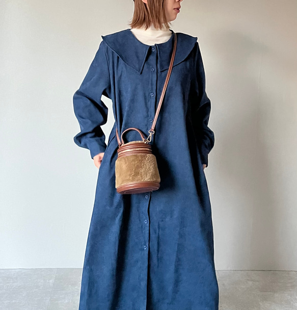 ラスト1点】ブルーコーデュロイのビッグカラーワンピ 羽織にも