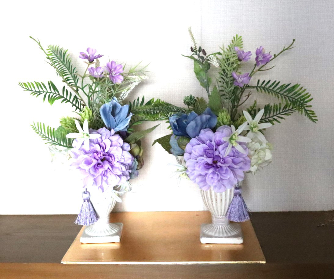 仏花10年以上飾れるご仏壇用アレンジ　ダリア　送料込み（ライラック系ミニアレンジ1対）（No.393-198）