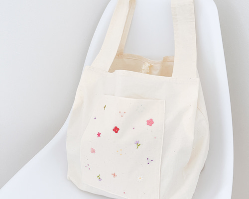 受注制作】刺繍のミニエコバッグ 外ポケット付き エコバッグ
