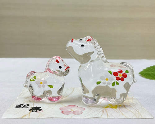 2026年干支飾り【午 紅白硝子親子飾り】午年令和8年 お正月 クリスタル