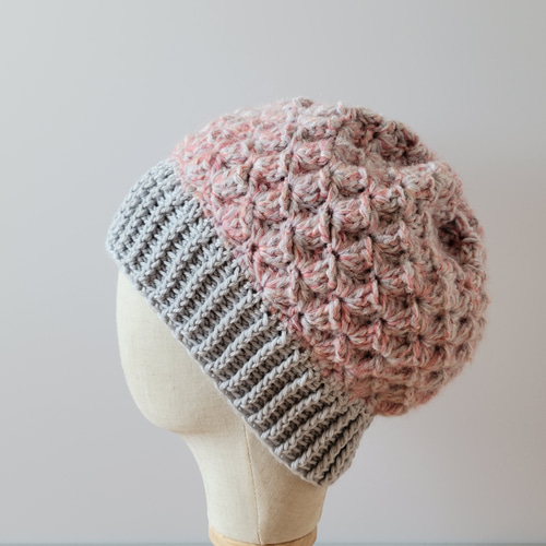 ふんわりあたたか丸っこニット帽【グレー×オレンジ】 ベレー帽