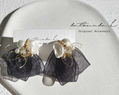 ♡ハンドメイド♡ビジューピアスイヤリング№831ブラックコットンパール 7248831f3b1f559a74deb7b5ce9b6d