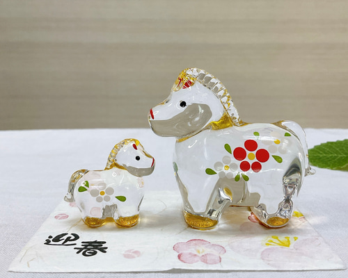 令和8年干支飾り【午 金彩硝子親子飾り 大】2026年迎春 午年