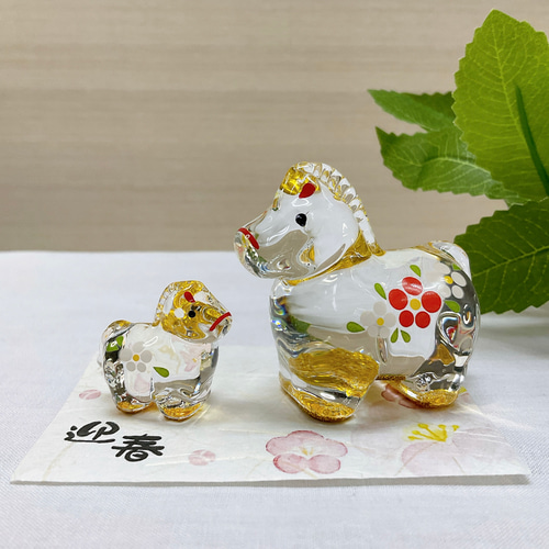 令和8年干支飾り【午 金彩硝子親子飾り 大＆屏風付き】2026年迎春 午年