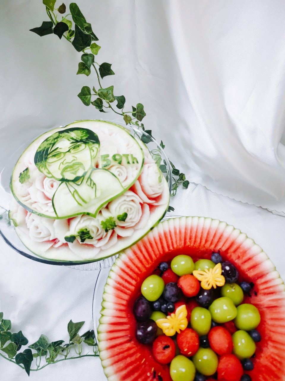 フルーツの器　似顔絵スイカ　フルーツカービング　スイカアート　　ウエディング　　プレゼント　ギフト　母の日　父の日