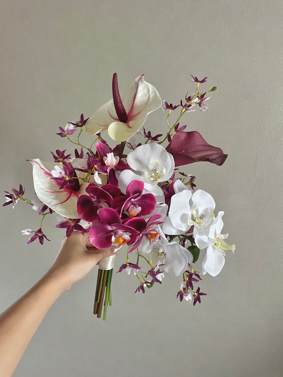 完成品 ラズベリーレッド♪胡蝶蘭ウェディングブーケ ブートニア付き 花束・アレンジメント