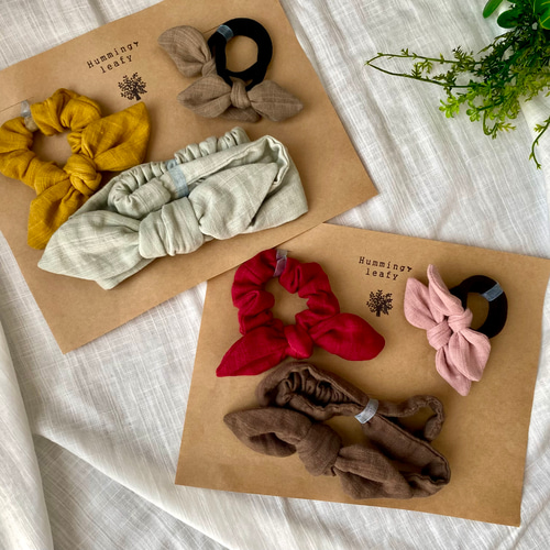 【2ヶ組¥600】ベビーシュシュ♡ペットシュシュ♡ミニシュシュ セレクトギフト＊ダブルガーゼベビーキッズ3点ヘアアクセサリーset