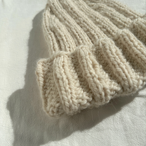 極太アルパカ毛糸の三角ニット帽 オートミール ニット帽・ビーニー