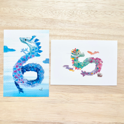 透明水彩画 ちぎり絵龍2枚セット 2026年 午年 青龍 昇り龍 昇龍 龍