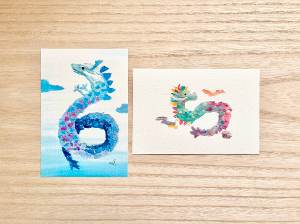 透明水彩画 ちぎり絵龍2枚セット 2025年 巳年 青龍 昇り龍 昇龍