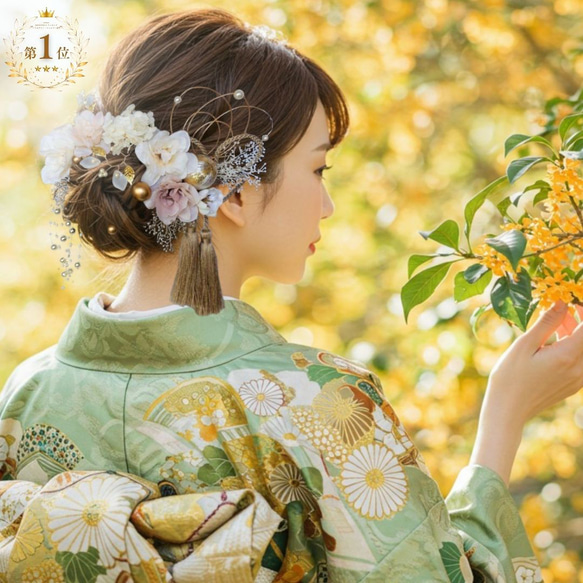 成人式 髪飾り ホワイトベージュ×小枝｜卒業式 袴 和装ヘア No