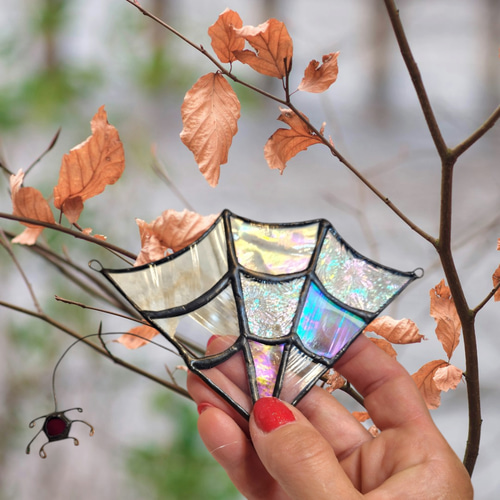 クモの巣 サンキャッチャー ハロウィンマスコット ステンドグラス