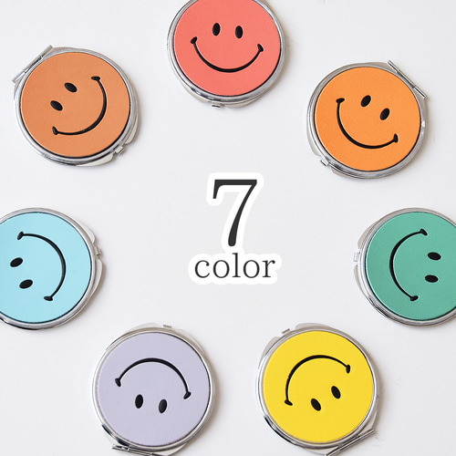 スマイル コンパクトミラー 本革 シルバー レザー 拡大鏡 両面ミラー