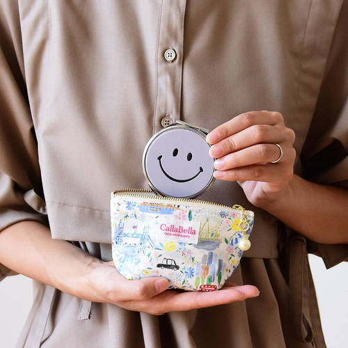 スマイル コンパクトミラー 本革 シルバー レザー 拡大鏡 両面ミラー