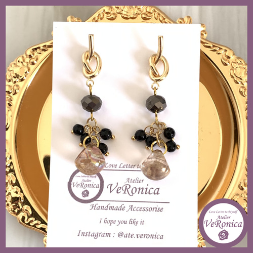 結び目とブラックストーンのつぶつぶピアス ハンドメイド かわいい 18K 