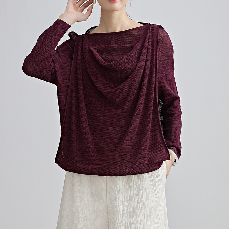 薄手でゆったり上品な重ね着風♪ドレープカットソー ワインレッド