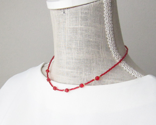 レッド ラウンド ガラス ビーズ ネックレス 赤 レディレッド #red