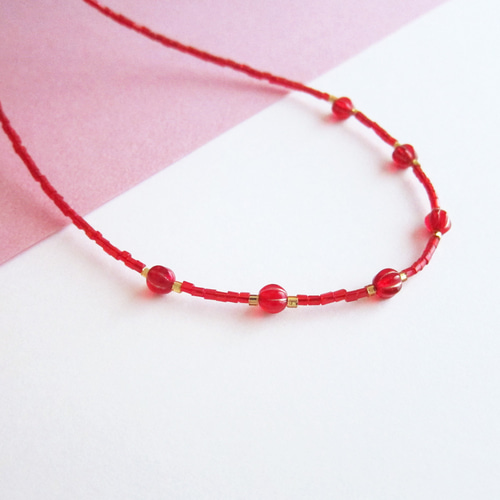 レッド ラウンド ガラス ビーズ ネックレス 赤 レディレッド