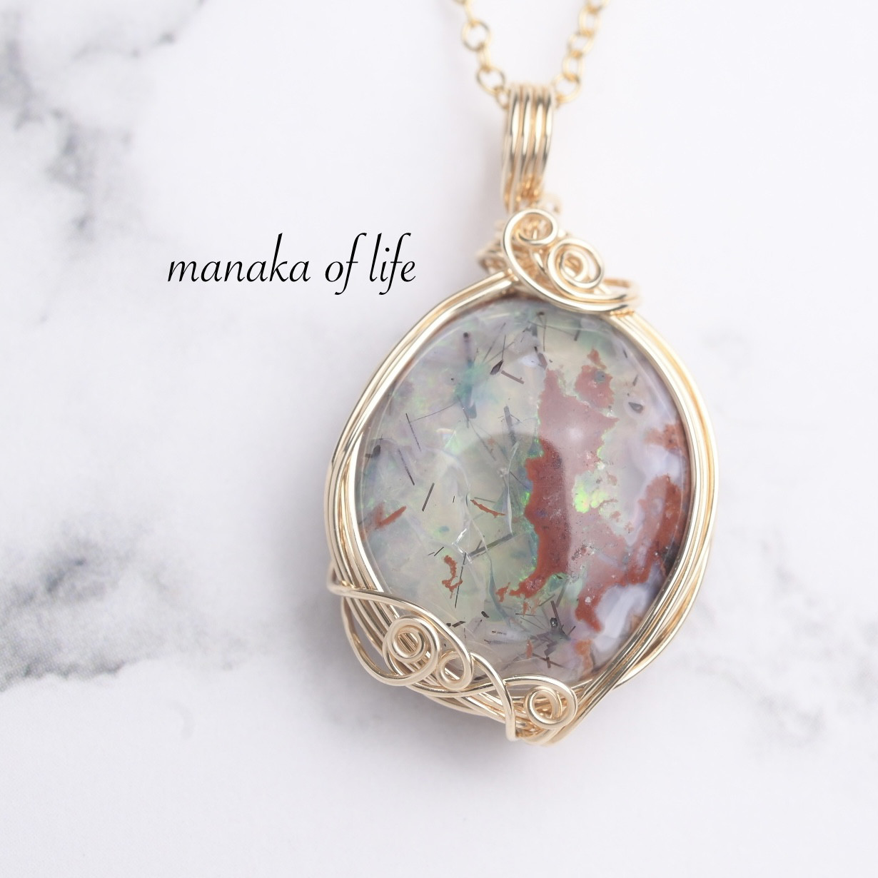 カンテラオパール ペンダントトップ ワイヤーラッピング ネックレス 14kgf 天然石 送料無料でお届けします