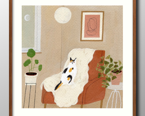 【絵画】魂魄【原画】手描き ポスター イラスト インテリアやプレゼントにも！ 15089□ポスター アート 絵画『ソファでくつろぐ猫 ネコ』北欧