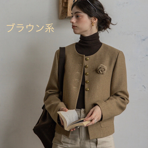 3色 エレガント ツイードノーカラージャケット コサージュ付き【冬春秋