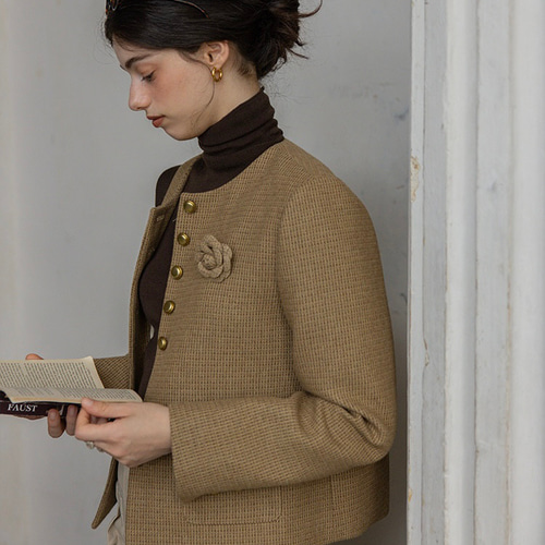 3色 エレガント ツイードノーカラージャケット コサージュ付き【冬春秋