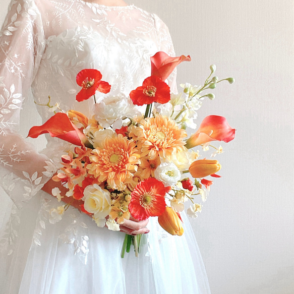 No.2165　ウェディングブーケ　造花ブーケ　前撮り　結婚式　オレンジ No.2165 ウェディングブーケ 造花ブーケ 前撮り 結婚式 オレンジ