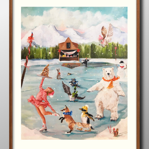 14223□ポスター アート 絵画『クリスマス ビンテージ スケート