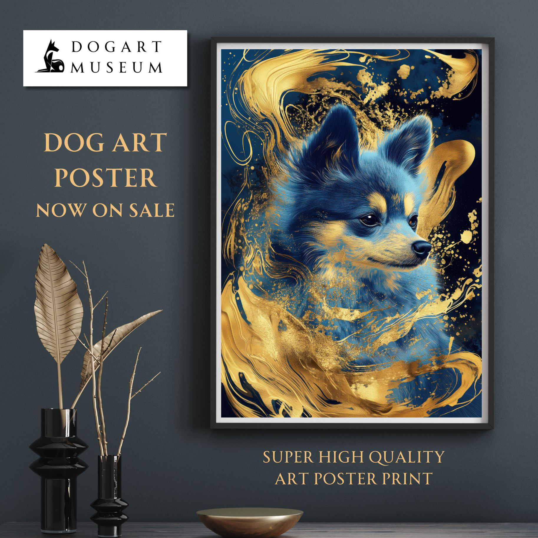 犬のイラスト付き青いフレームアート