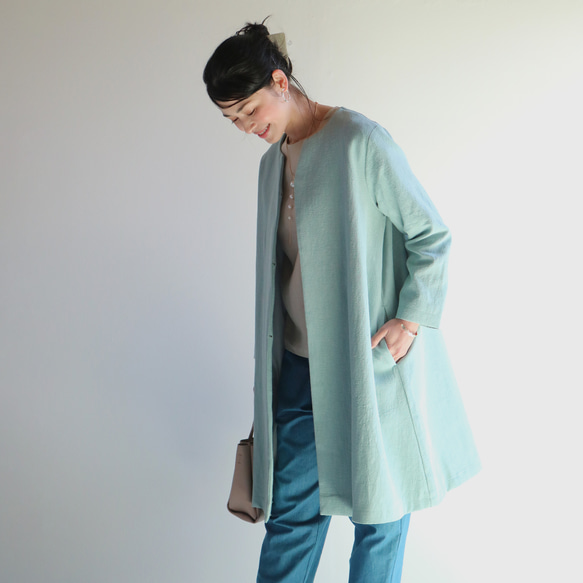 春夏【Dusty Blue】復古風莧麻V領喇叭大衣♥️ 第3張的照片