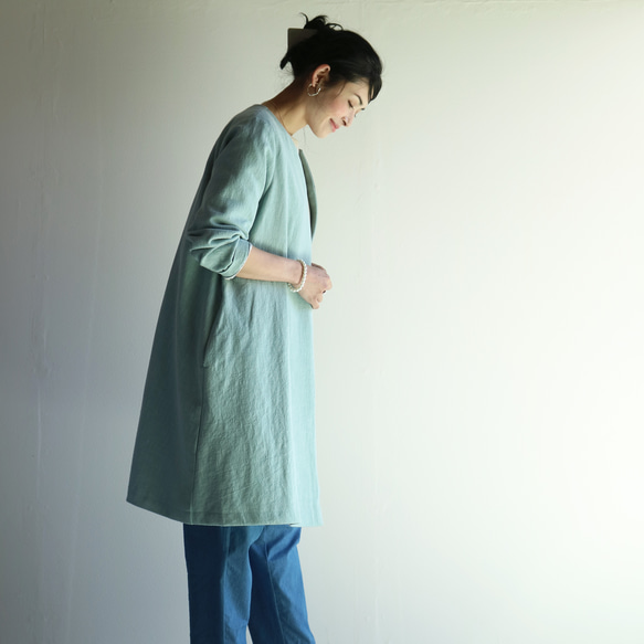 春夏【Dusty Blue】復古風莧麻V領喇叭大衣♥️ 第5張的照片