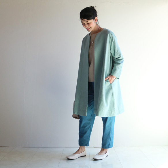 春夏【Dusty Blue】復古風莧麻V領喇叭大衣♥️ 第7張的照片