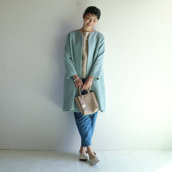 春夏【Dusty Blue】復古風莧麻V領喇叭大衣♥️ 第4張的照片