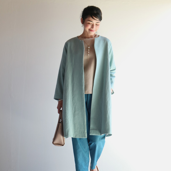 春夏【Dusty Blue】復古風莧麻V領喇叭大衣♥️ 第1張的照片