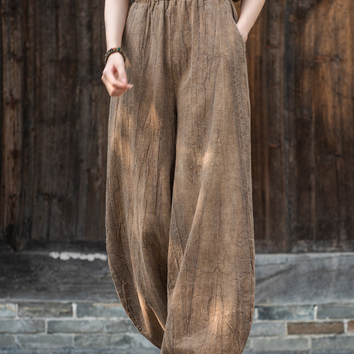 紮染め苎麻ロングパンツ 加絨厚み秋冬保温パンツ #6187茶色 ロング