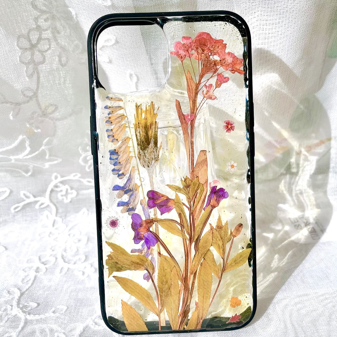 iPhone14 ハンドメイド　夕焼け　お花柄ビンテージスマホケース　レジン　iPhoneケース　アイフォンケース