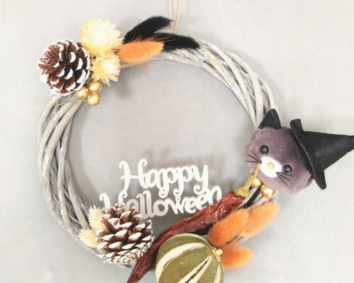 ハロウィンリース　フラワーリース　黒猫さん　ハンドメイド ハロウィン 3つセット リース ハンドメイド 黒猫 クロネコ