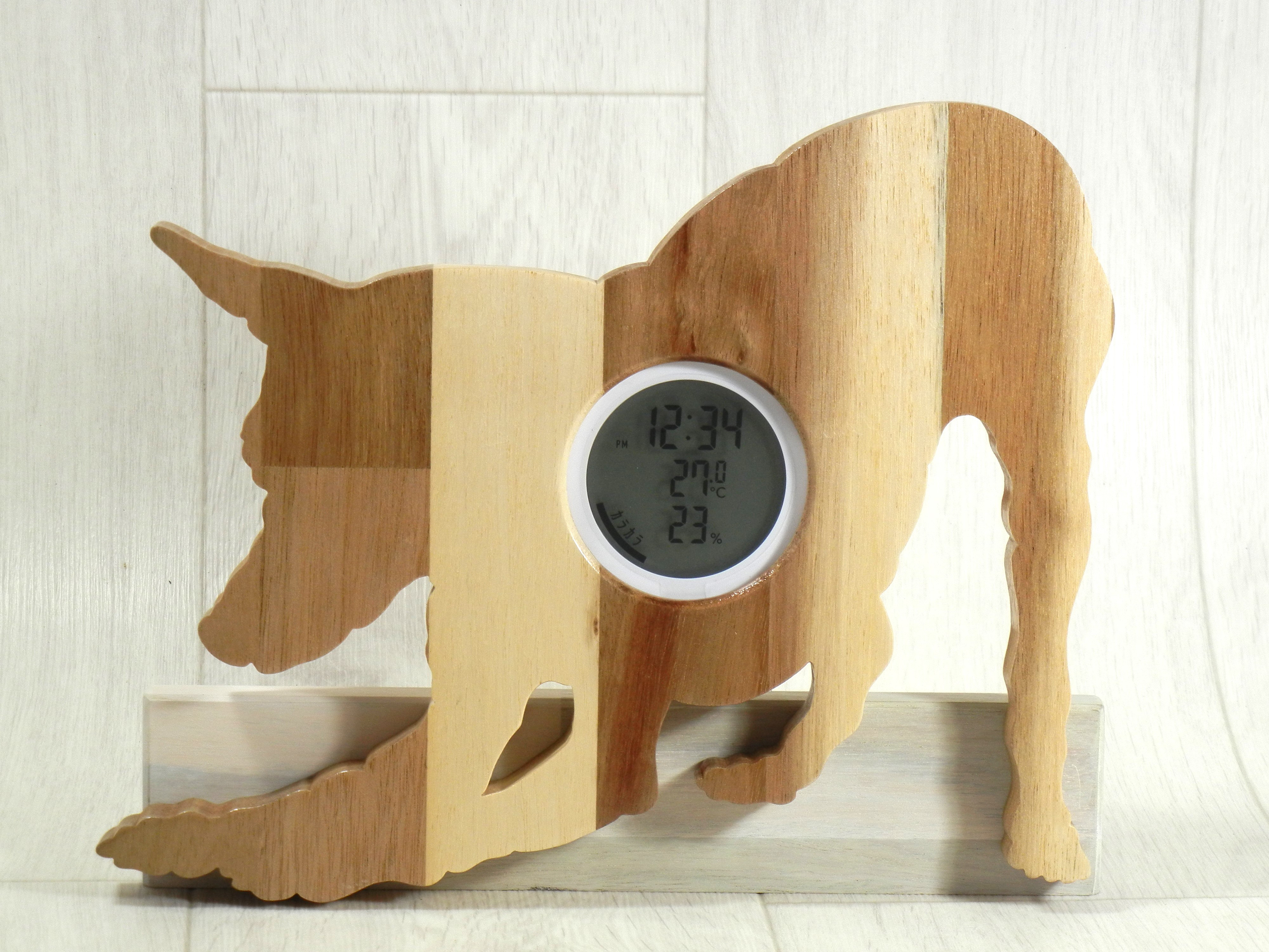 デジタル温・湿度計（時計付）ミニチュアピンシャー【木製（アカシア集成材）】（置き・掛け兼用）
