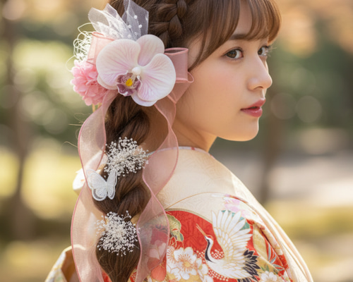 胡蝶蘭とオーガンジーリボンの髪飾りセット｜成人式 振袖 卒業式 袴