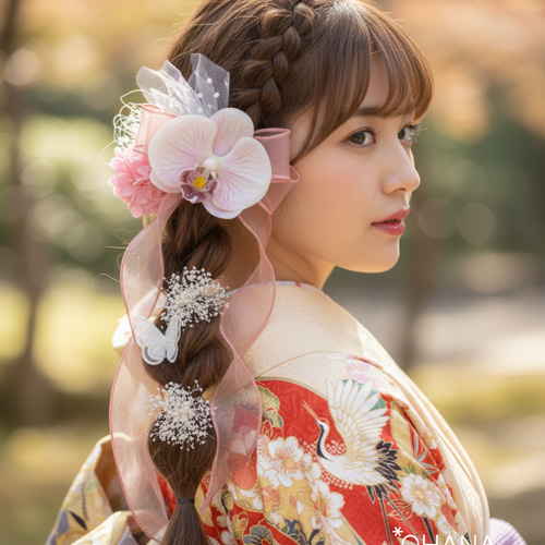 胡蝶蘭とオーガンジーリボンの髪飾りセット｜成人式 振袖 卒業式 袴