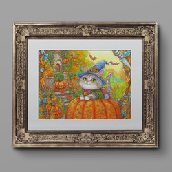 猫たちのハロウィン準備」シリーズ A4 ポスター イラスト 色鉛筆